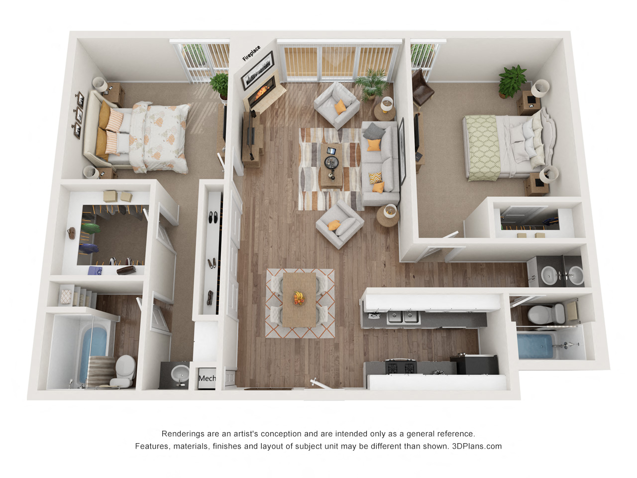 Floor plan for 2 beds, 2 baths, 983 sqft